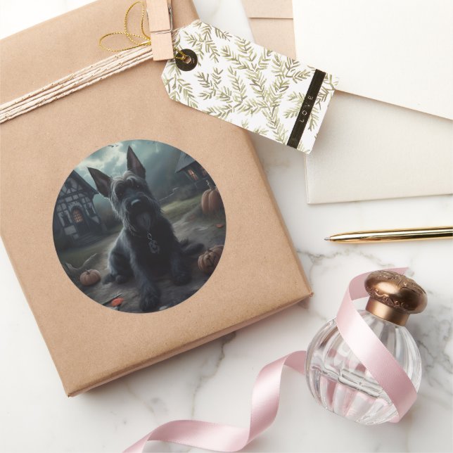 Adesivo Redondo Escocês Terrier Pumpkins Halloween Scary (Presentear)