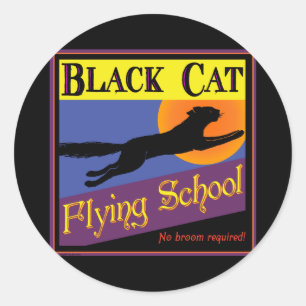 Adesivo Redondo Escola de Voo de Gato Preto Arte de Halloween Vint