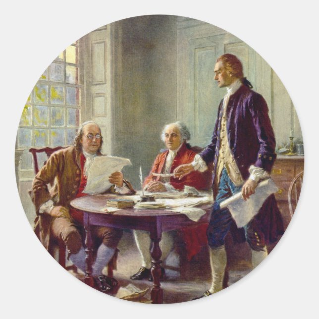 Adesivo Redondo Escrevendo a Declaração de Independência 1776 (Frente)