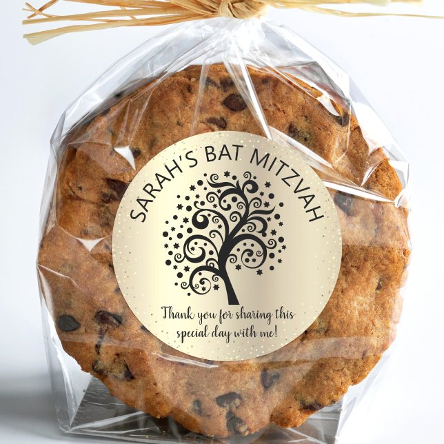 Adesivo Redondo Escrita em Árvore da Vida Preta do Bat Mitzvah (Criador carregado)