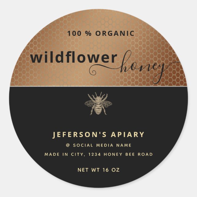 Adesivo Redondo Escrita em ouro preto moderno Mel jar (Frente)