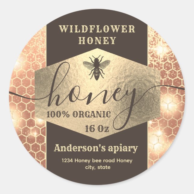 Adesivo Redondo Escrita moderna elegante de abelha dourada (Frente)