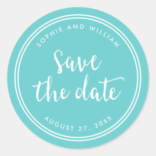 Adesivo Redondo Escrita Turquesa e Listras Brancas Salve a Data