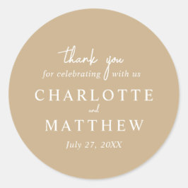 Adesivo Redondo Escrito Branco e Dourado Obrigado Vinheta de Casam