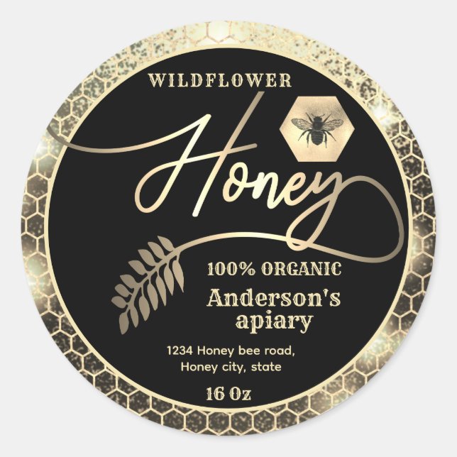 Adesivo Redondo Escrito de abelha de ouro brilhante moderno e atra (Frente)