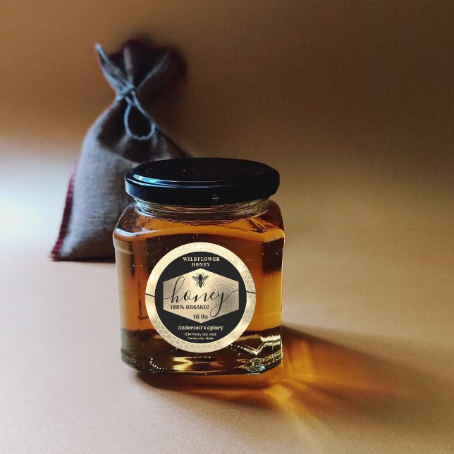 Adesivo Redondo Escrito de abelha de ouro brilhante moderno e atra (Criador carregado)