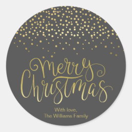 Adesivo Redondo Escrito Dourado Elegante e Natal Preto Confetti