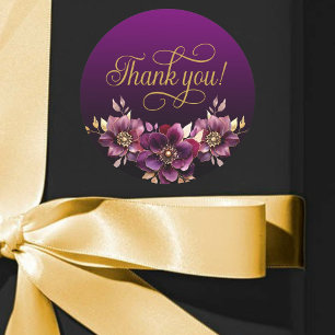 Adesivo Redondo Escrito Dourado Floral Elegante Obrigado Roxo