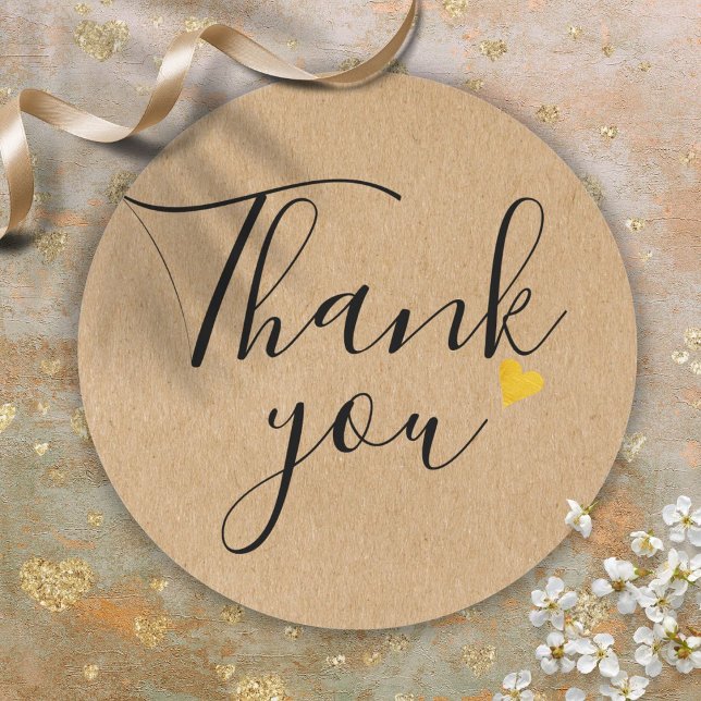 Adesivo Redondo Escrito Elegante Dourado Coração Russo Kraft Obrig (Elegant Script Gold Heart Rustic Kraft Thank You Classic Round Sticker)
