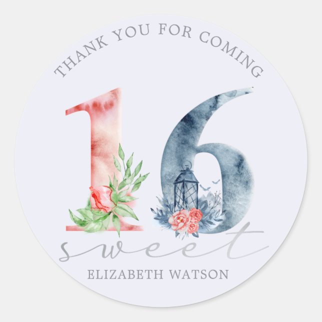 Adesivo Redondo Escrito floral de aquarela elegante doce dezesseis (Frente)