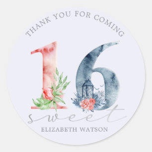 Adesivo Redondo Escrito floral de aquarela elegante doce dezesseis