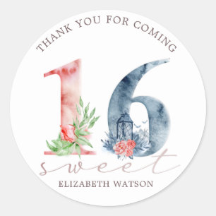 Adesivo Redondo Escrito floral de aquarela elegante doce dezesseis