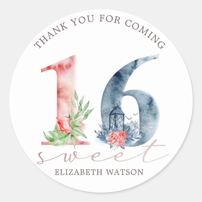 Adesivo Redondo Escrito floral de aquarela elegante doce dezesseis (Frente)