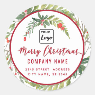 Adesivo Redondo Escrito moderno Feliz Natal vermelho Holly Classe