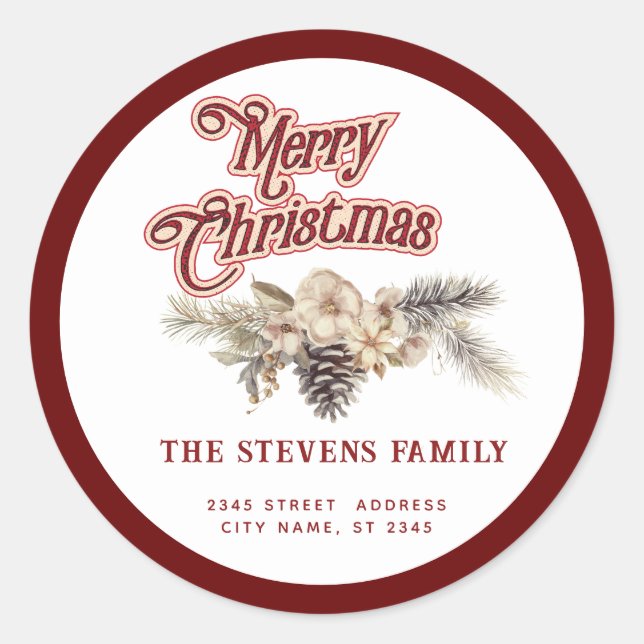 Adesivo Redondo Escrito moderno Pinho Feliz de Natal floral (Frente)