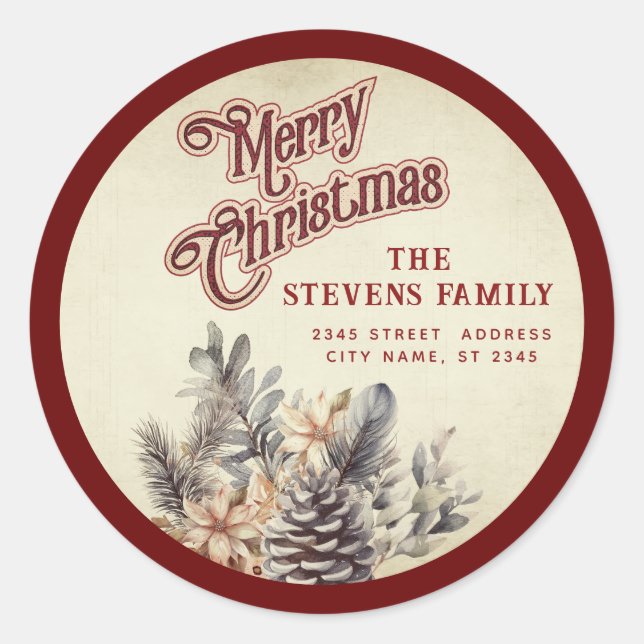 Adesivo Redondo Escrito moderno Pinho Feliz de Natal floral (Frente)