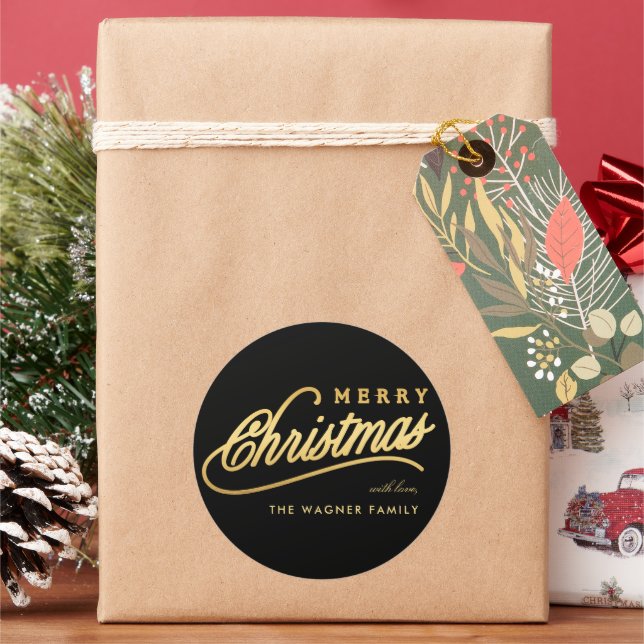 Adesivo Redondo Escrito Preto e Dourado Moderno Feliz Natal (Feriado)