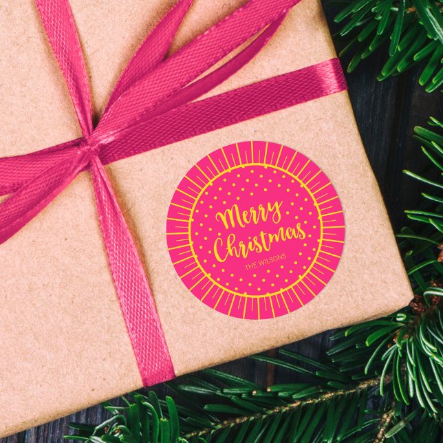 Adesivo Redondo Escritura de Starburst Rosa Vibrante Feliz Natal (Criador carregado)