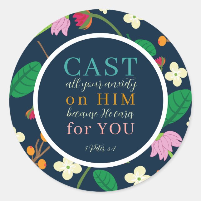 Adesivo Redondo Escritura Floral 1 Peter 5:7 (Frente)