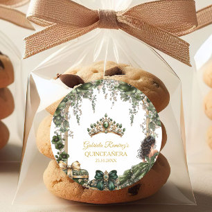 Adesivo Redondo Esmeralda Verde Tiara Floral Dourada Quinceañera