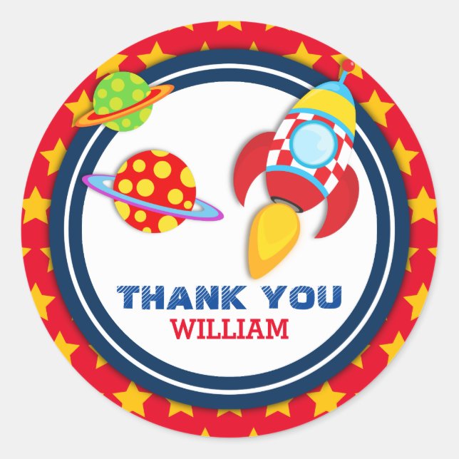 Adesivo Redondo Espachante De Foguete Obrigado Tag Favorável (Frente)