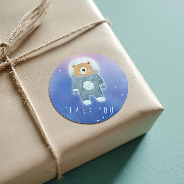 Adesivo Redondo Espaço ursinho azul - Muito obrigado (Boy blue space bear thank you sticker)