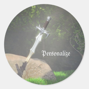 Adesivo Redondo Espada Excalibur em Pedra Fantasia Mítica