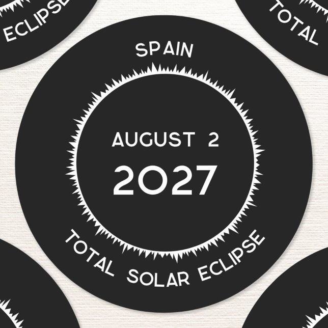 Adesivo Redondo Espanha Total de Eclipse Solar 2027 (Total solar eclipse August 2nd 2027 Spain custom text sticker)