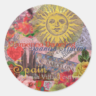 Adesivo Redondo Espanha Vintage Sol Viagem Colagem Retro Europa