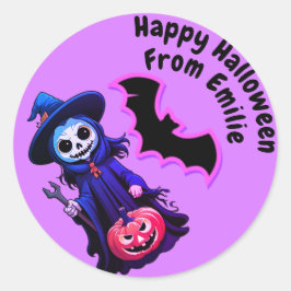 Adesivo Redondo Espantalho roxo e morcego no Halloween