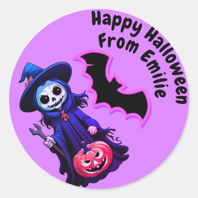 Adesivo Redondo Espantalho roxo e morcego no Halloween (Frente)