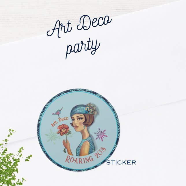 Adesivo Redondo Espantosa de 20 anos em azul (Zazzle Roaring 20's Art Deco Lady in Blue Classic Round Sticker (Envelope))
