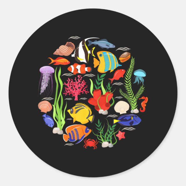 Adesivo Redondo Espécie Peixes Colheita De Animais Submarinos (Frente)
