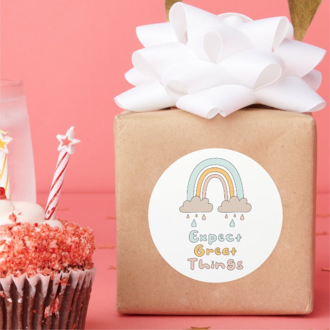 Adesivo Redondo Esperem coisas excelentes motivacionais, arco-íris (Festa)