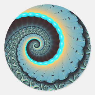Adesivo Redondo Espiral de Arte Fractal Laranja abstrato azul Turq