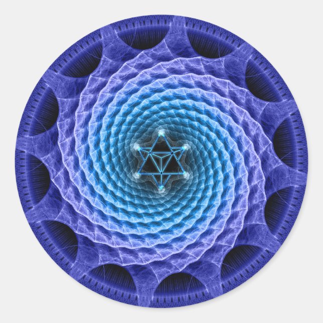 Adesivo Redondo Espiral Merkaba Mandala Blue Fractal Sticker (Frente)