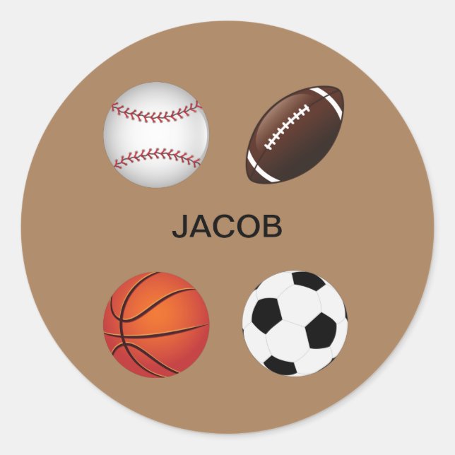 ADESIVO REDONDO "ESPORTE" VESTIDOS COM NOME FILHO. (Frente)