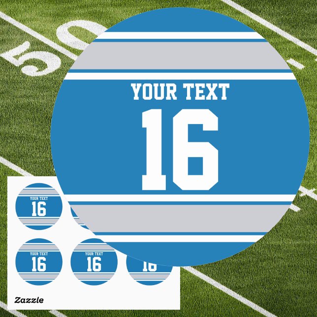 Adesivo Redondo Esportes Azuis e Prateados Personalizados (Custom Text Blue and Silver Jersey Sport Stripes Round Sticker)