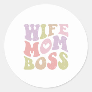 Adesivo Redondo Esposa Mãe Chefe Script Retro Groovy Dia das Mães
