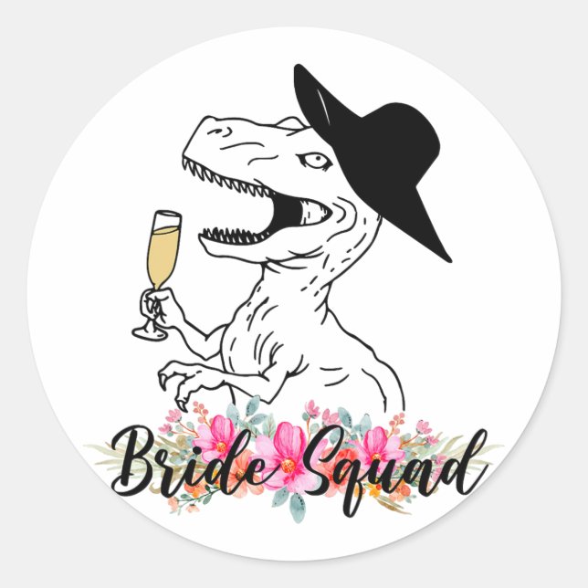 Adesivo Redondo Esquadrão Brilhante Dinossaur Bridesmaid Floral Ba (Frente)