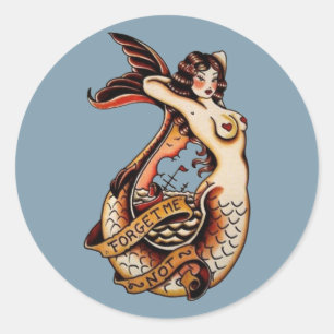 Adesivo Redondo Esqueça-me não... Vintage mermaid tattoo art.