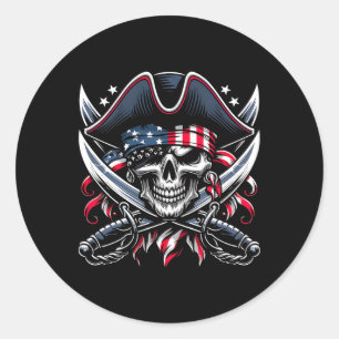 Adesivo Redondo Esqueleto 4 de Julho Pirata Homens EUA Caveira Ame