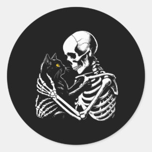 Adesivo Redondo Esqueleto Abraçando Gato Preto Desenho Gótico de H