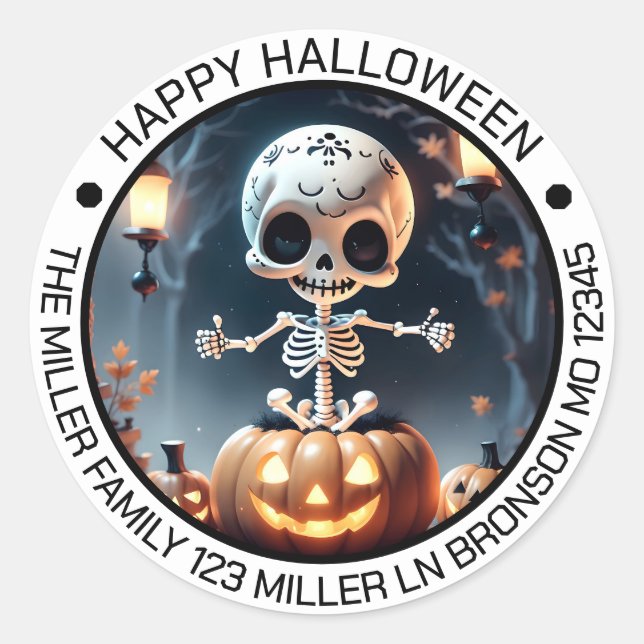 Adesivo Redondo Esqueleto Cinto e Pumpkins Envelope Selo (Frente)