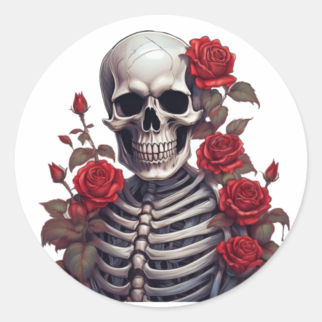 Adesivo Redondo Esqueleto com Rosas vermelhas (Frente)