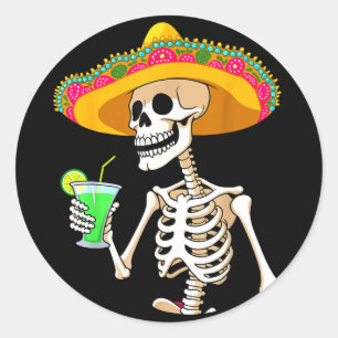 Adesivo Redondo esqueleto de festa mexicana de sombrero cinco de
