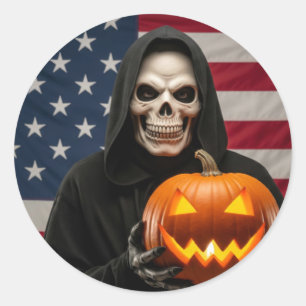 Adesivo Redondo Esqueleto de Halloween com abóbora esculpida
