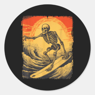 Adesivo Redondo Esqueleto de Halloween Surfando Prancha de Surfe T