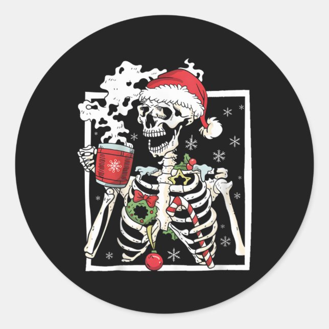 Adesivo Redondo Esqueleto De Natal Com Bebendo Crânio Sorridente C (Frente)