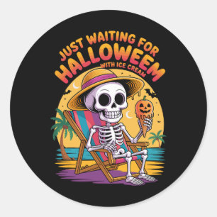 Adesivo Redondo Esqueleto de praia com Sorvete Halloween Summer Co